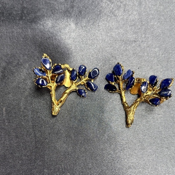 Kenneth Jay Lane Gold and Blue Leaf Earrings - Picture 1 of 3